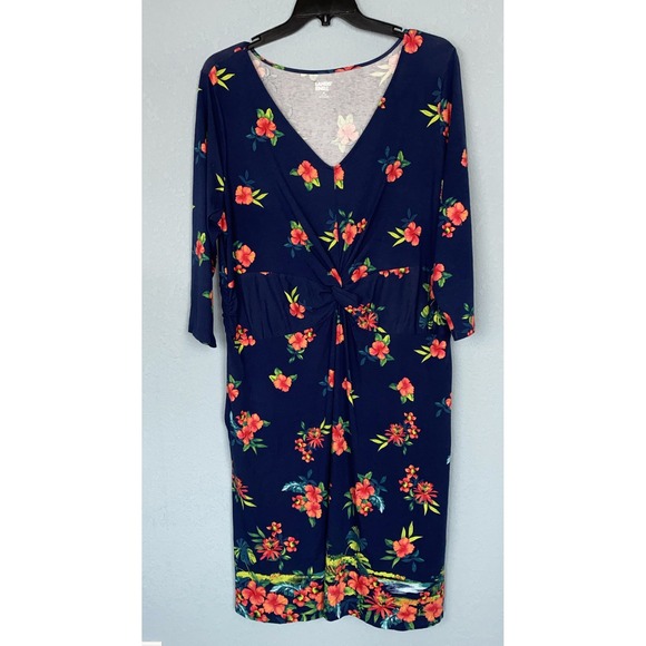 NWT Lands‎ End Tropical Dress 1X Navy V Neck Tencel Hawaiian Midi - Picture 1 of 12